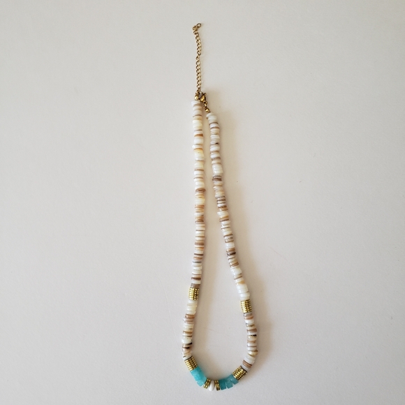 shell beaded necklace with blue stone and gold tone hardware, - Picture 4 of 6